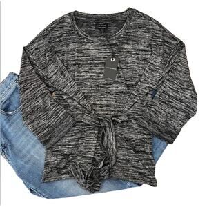 NWT Lucky Brand Black/Grey Spacedye Knit Tie Front Top - SIZE SMALL